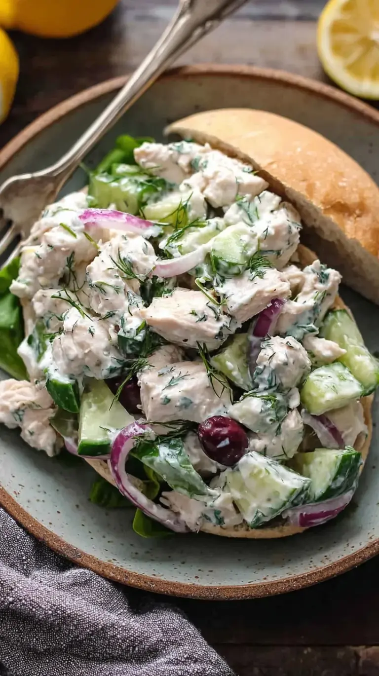 A bowl of creamy Tzatziki Chicken Salad garnished with fresh dill and lemon wedges