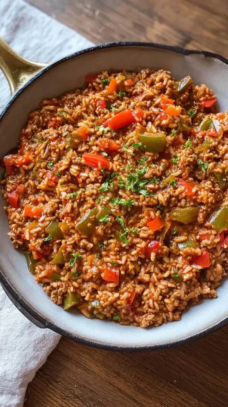 A colorful unstuffed pepper skillet with melted cheddar cheese and ground beef.