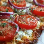 Golden brown cottage cheese flatbread pizza topped with melted mozzarella and turkey pepperoni on a baking sheet.