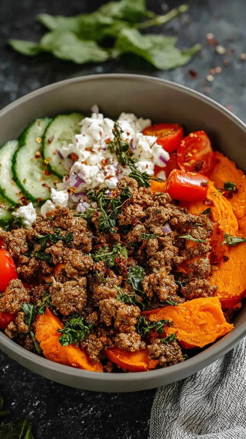 A colorful bowl with roasted sweet potatoes, taco beef, creamy cottage cheese, and avocado slices.