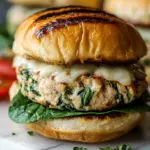 Close up of a juicy white cheddar spinach chicken burger on a toasted bun with melted cheese.