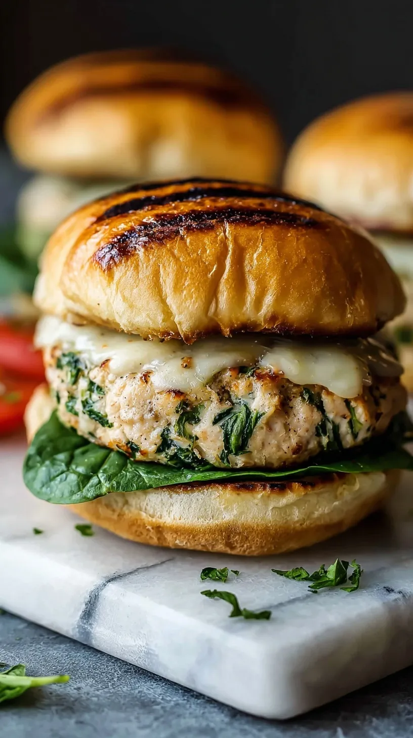 Close up of a juicy white cheddar spinach chicken burger on a toasted bun with melted cheese.